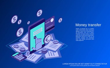 Para aktarımı, finansal transfer, çevrimiçi bankacılık düz izometrik vektör çizimi