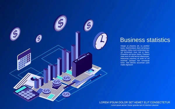 Estatísticas Das Empresas Relatório Financeiro Ilustração Conceito Vetor Isométrico Plano — Vetor de Stock