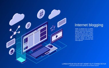 İnternet günlüğü, blog yönetimi, web yayını düz izometrik vektör konsepti çizimi