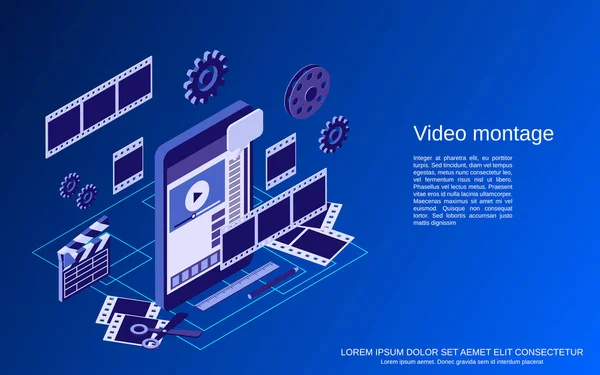 Mobil Videó Gyártás Szerkesztés Montázs Lapos Izometrikus Vektor Koncepció Illusztráció — Stock Vector