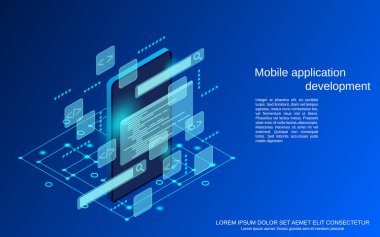 Mobil uygulama geliştirme, düz kodlama 3d izometrik vektör konsepti çizimi