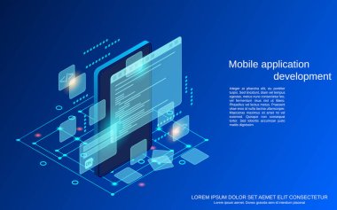 Mobile application development, program coding flat 3d isometric vector concept illustration clipart svg vector 