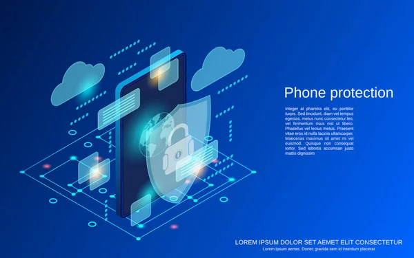 Protezione Del Telefono Computer Sicurezza Piatto Isometrico Concetto Vettoriale Illustrazione — Vettoriale Stock