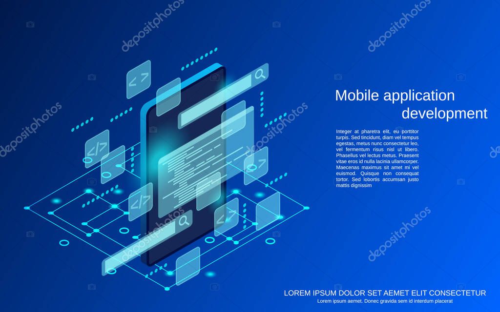Vector of Mobile application development, program coding flat 3d isometric vector concept illustration Mobile application development, program coding flat 3d isometric vector concept illustration stock vector