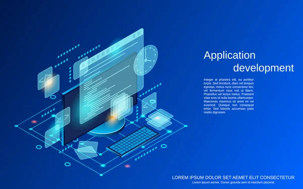 Desarrollo Aplicaciones Programación Codificación Plana Vector Isométrico Concepto Ilustración — Vector de stock