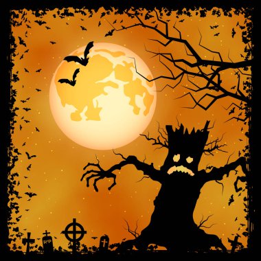 Cadılar Bayramı korkunç gece vektör geçmişi. Ölü ağaç, mezarlık ve yarasa resimleri.