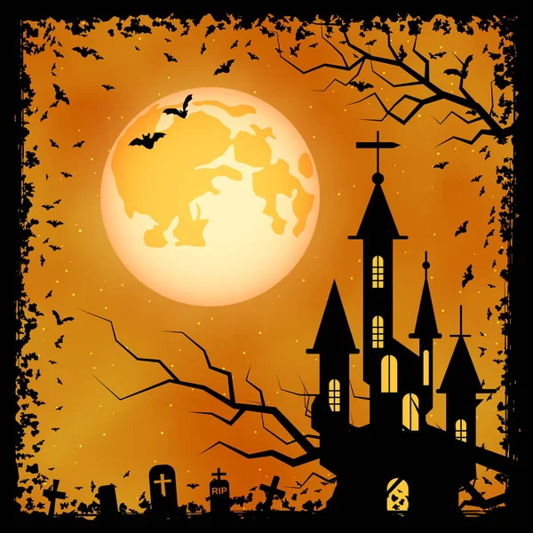 Halloween Ijesztő Éjszakai Vektor Háttér Gótikus Kastély Temető Denevérek Illusztráció — Stock Vector