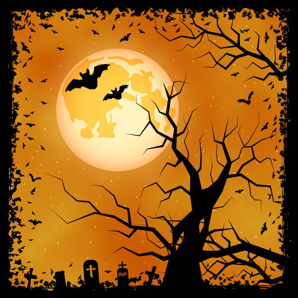 Halloween scary night vector background. Dead tree, graveyard and bats illustration
