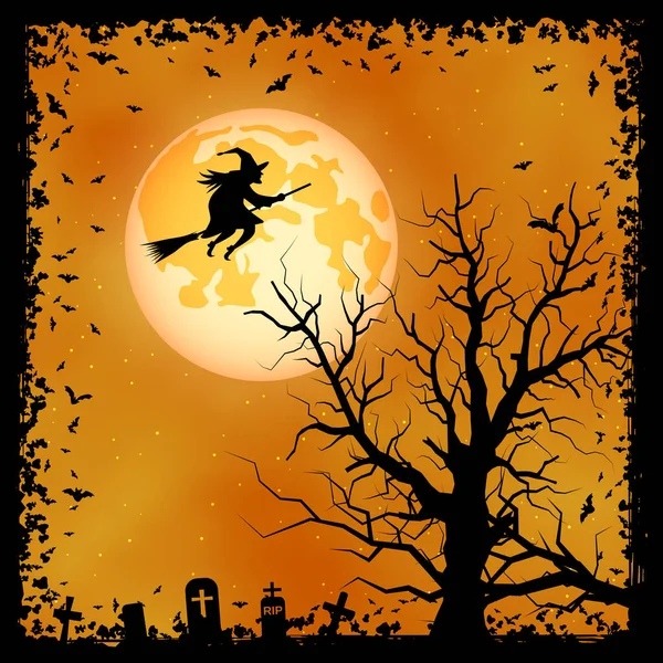 Halloween Spaventoso Sfondo Vettoriale Notte Albero Morto Cimitero Illustrazione Delle — Vettoriale Stock