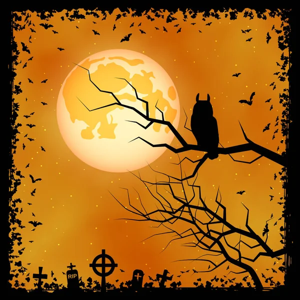 ハロウィーンの恐ろしい夜のベクトルの背景 死んだ木 フクロウのイラスト — ストックベクタ