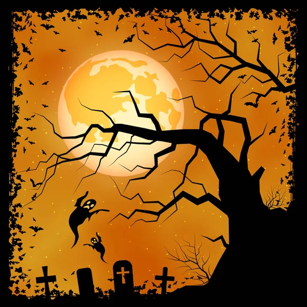 Halloween Miedo Noche Vector Fondo Árbol Muerto Cementerio Ilustración Espíritus — Archivo Imágenes Vectoriales