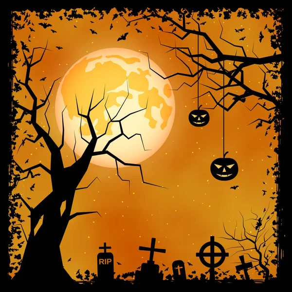 Halloween Miedo Noche Vector Fondo Árbol Muerto Cementerio Murciélagos Ilustración — Vector de stock