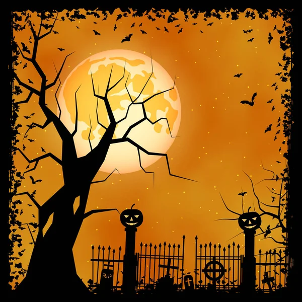 Halloween Enge Nacht Vector Achtergrond Dode Boom Kerkhof Vleermuizen Illustratie — Stockvector