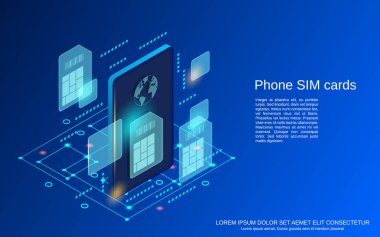Cep telefonu SIM kartları düz izometrik vektör çizimi