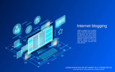 İnternet günlüğü, blog yönetimi, web yayını düz izometrik vektör konsepti çizimi