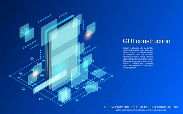 Grafik kullanıcı arayüzü yapısı, uygulama geliştirme, web sitesi tasarımı düz izometrik vektör çizimi