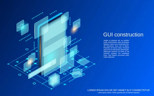 グラフィックユーザーインターフェイスの構築 アプリケーション開発 ウェブサイトのデザインフラット等角ベクトルのコンセプトイラスト — ストックベクタ