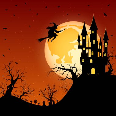 Cadılar Bayramı korkunç gece vektör geçmişi. Gotik kale, mezarlık ve cadı illüstrasyonu