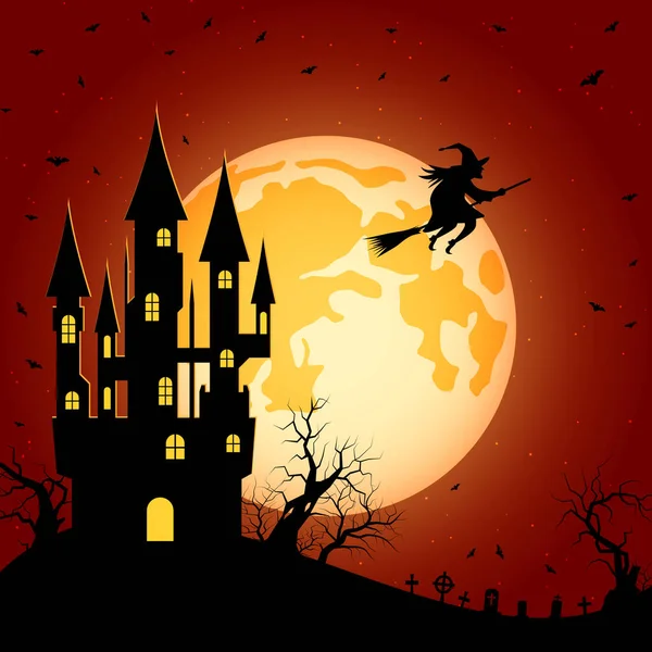 Halloween Enge Nacht Vector Achtergrond Gotisch Kasteel Kerkhof Heksenillustratie — Stockvector