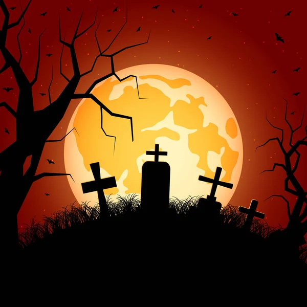 Halloween Arancione Spaventoso Notte Vettore Sfondo Albero Morto Vecchio Cimitero — Vettoriale Stock