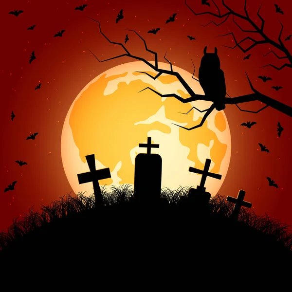 Halloween Orange Scary Night Vector Background Dead Tree Old Cemetery — Stock Vector