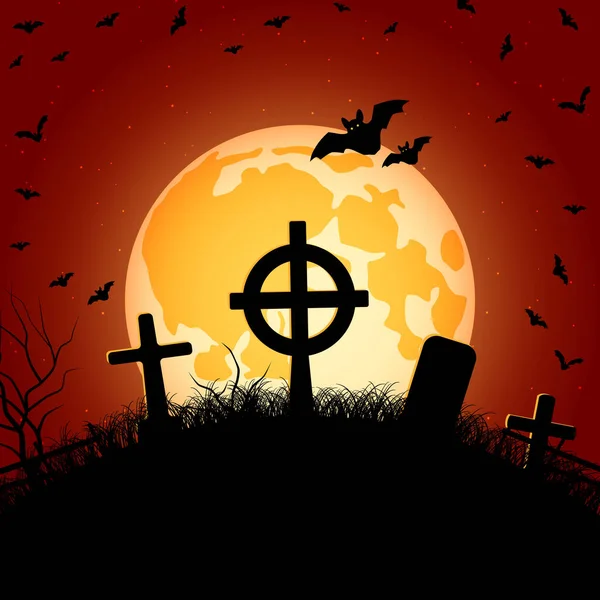 Halloween Narancs Ijesztő Éjszakai Vektor Háttér Halott Régi Temető Denevér — Stock Vector