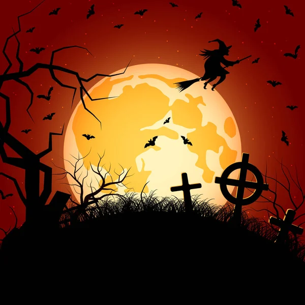 Halloween Arancione Spaventoso Notte Vettore Sfondo Albero Morto Vecchio Cimitero — Vettoriale Stock