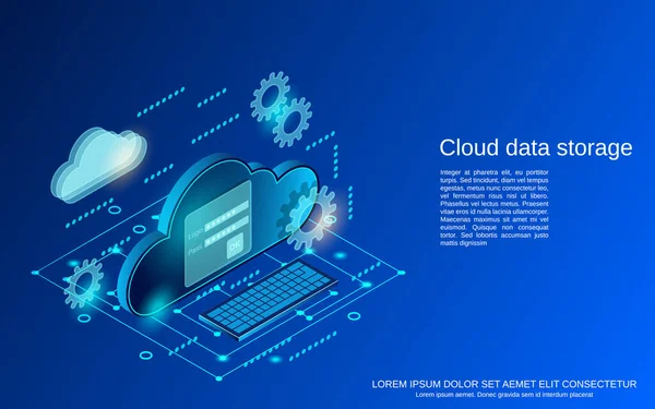 Cloud Computing Archiviazione Dati Remota Illustrazione Del Concetto Isometrico Piatto — Vettoriale Stock