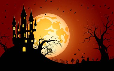 Cadılar Bayramı korkunç gece vektör geçmişi. Gotik şato, mezarlık ve yarasa resimleri.