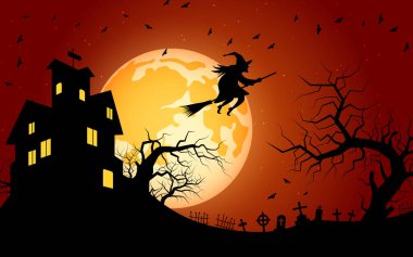 Cadılar Bayramı korkunç gece vektör geçmişi. Gotik ev, mezarlık ve cadı çizimi