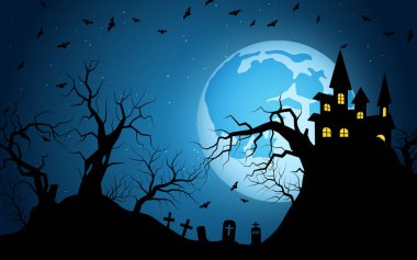 Cadılar Bayramı korkunç gece vektör geçmişi. Gotik ev, mezarlık ve yarasa resimleri.