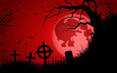 Cadılar Bayramı kırmızı korkunç gece vektör arka planı. Ölü ağaç, eski mezarlık ve yarasa resimleri.