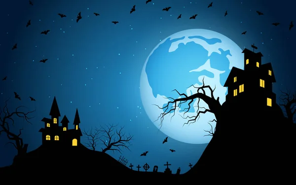 Halloween Miedo Noche Vector Fondo Casa Gótica Cementerio Murciélagos Ilustración — Vector de stock