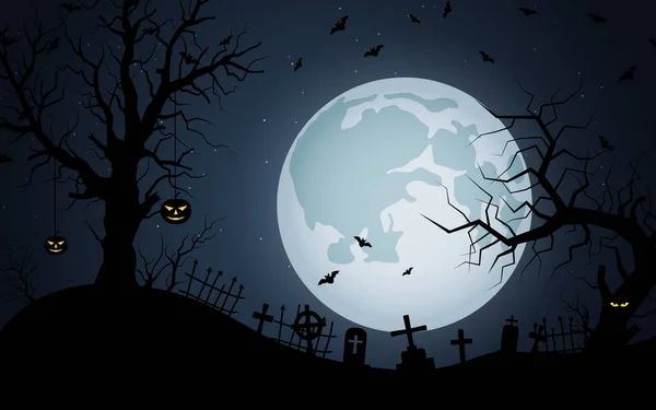 Halloween Enge Nacht Vector Achtergrond Dode Boom Oude Begraafplaats Vleermuizen — Stockvector