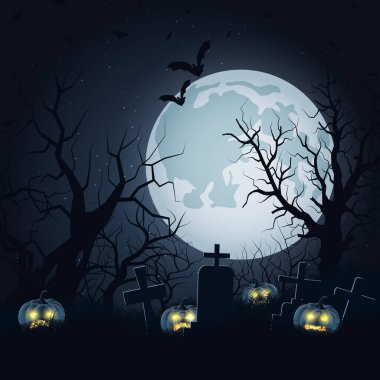 Cadılar Bayramı korkunç gece vektör arka planı. Ölü ağaçlar, eski mezarlık ve balkabağı resimleri.