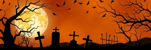 Halloween Laranja Assustador Noite Horizontal Vetor Banner —  Vetores de Stock
