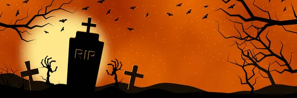 Halloween Spaventoso Banner Vettoriale Orizzontale Notte — Vettoriale Stock