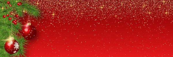 クリスマスと新年のベクトルバナーテンプレート キラキラ効果と冬の装飾と赤のグラデーションの背景 — ストックベクタ
