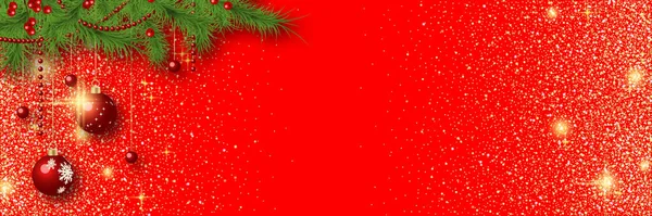 クリスマスと新年のベクトルバナーテンプレート キラキラ効果と冬の装飾と赤のグラデーションの背景 — ストックベクタ