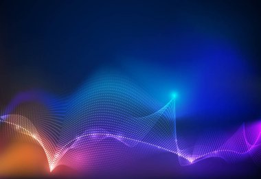 İllüstrasyon soyut neon ışık etkisi, dalga çizgi, dalgalı model parlayan. Vektör tasarım iletişim techno mavi zemin üzerine. Web veya afiş arka plan için fütüristik dijital teknoloji