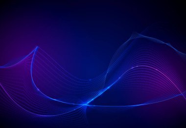 İllüstrasyon soyut neon ışık etkisi, dalga çizgi, dalgalı model parlayan. Vektör tasarım iletişim techno mavi zemin üzerine. Web veya afiş arka plan için fütüristik dijital teknoloji