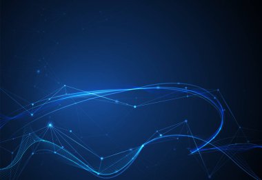 Vektör çizim molekül, nokta ile bağlantılı çizgilerin, teknoloji mavi zemin üzerine. İnternet ağ bağlantısı tasarım web sitesi için soyut. Dijital veri, iletişim, bilim ve fütüristik konsept