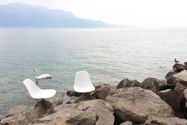 Lake Vevey Vista Para Montanha Suíça — Fotografia de Stock