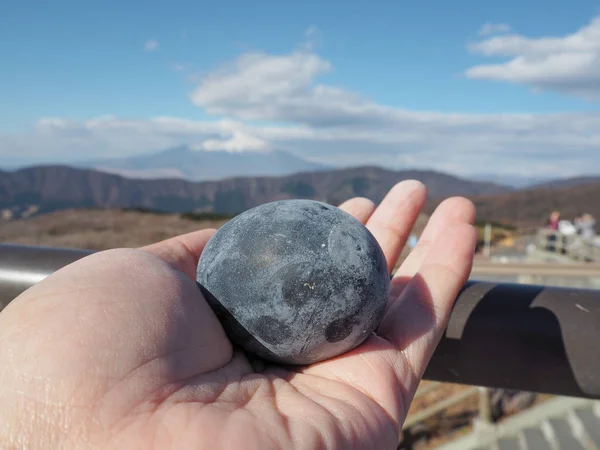 Mano Muestra Huevos Negros Owakudani Volcán Fuji — Foto de Stock