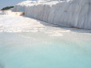 Halk havuzları ve terasların Pamukkale içinde yerleştirir. Güneybatı Türkiye'de pamuk Kalesi, 