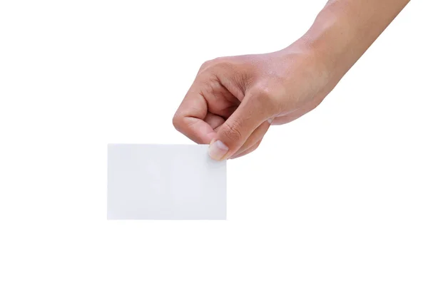 Mão Masculina Segurando Cartão Visita Branco Caminhos Recorte — Fotografia de Stock