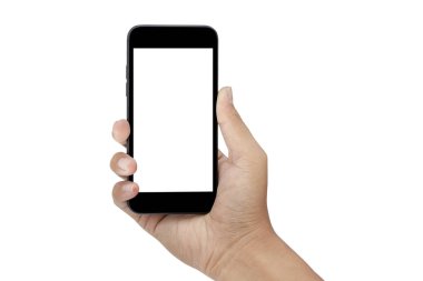 Beyaz arkaplanda el ele tutuşan akıllı telefon - kırpma yolları
