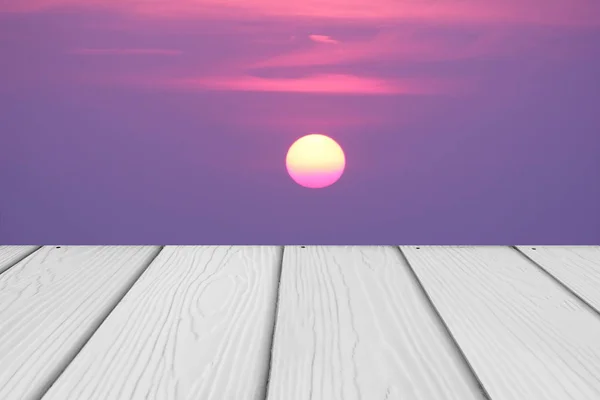 Wooden with sunrise scape background. — Stock Photo, Image