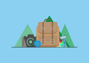 Seyahat ya da tatil aksesuarları düz tasarım. vektör çizim