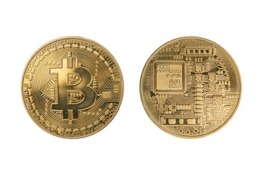 Gold bitcoin, cryptocurrency isolated on white background - clip